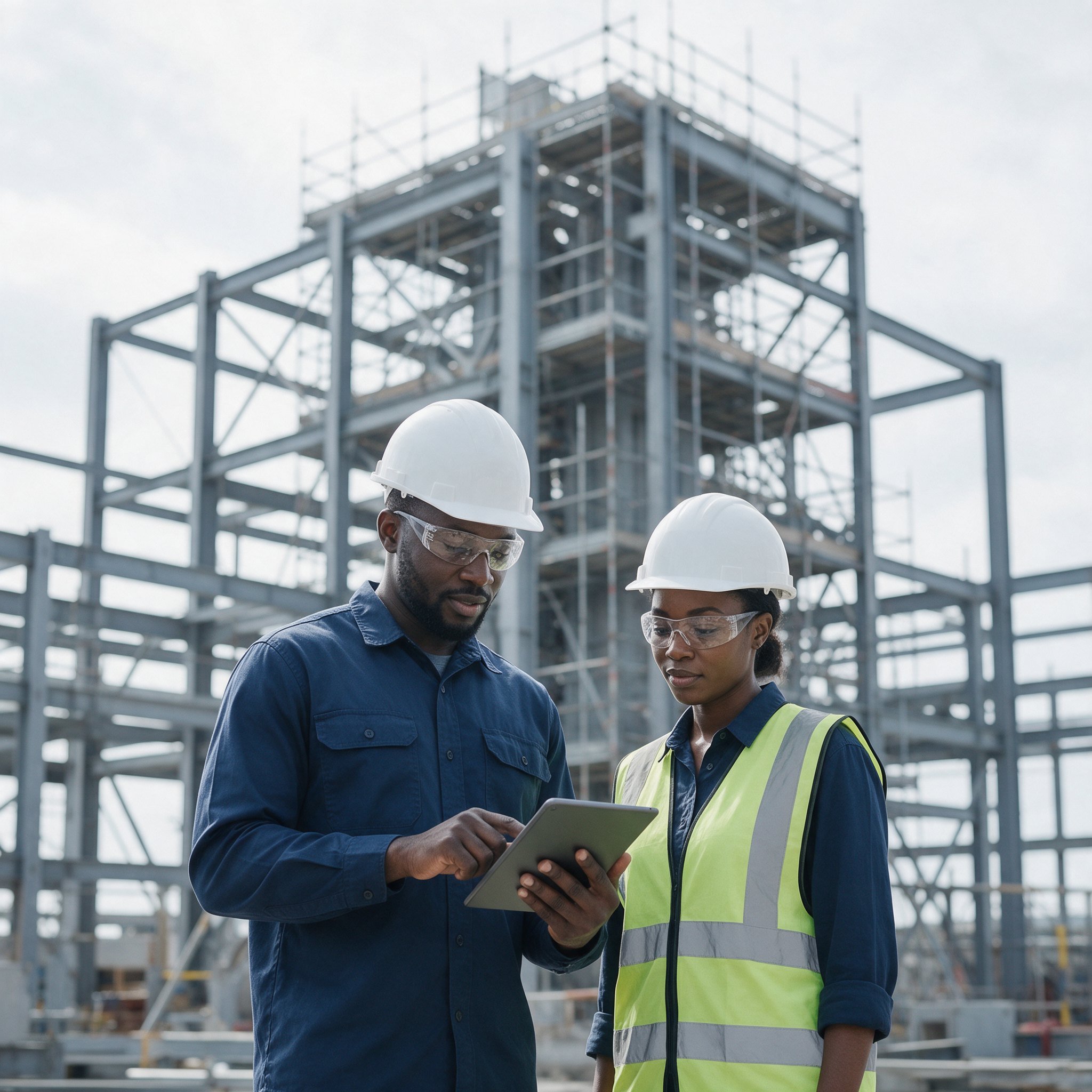 Two Softara colleagues reviewing a tablet on site